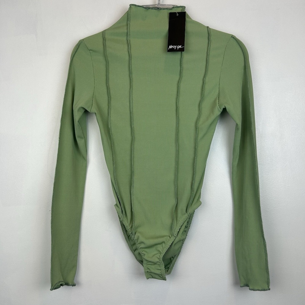 Ribbed Bodysuit Womens 4 Green Exposed Seams Mock Neck Office Career New